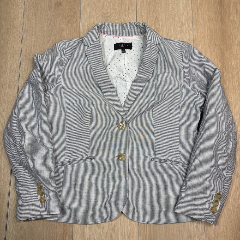 Talbots Petites Blue White Seersucker Striped Linen Blend Blazer Jacket 10P